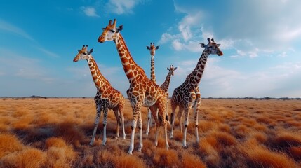 A group of giraffes standing in the savannah under a blue sky with scattered clouds. The tall animals are surrounded by yellow grasslands.