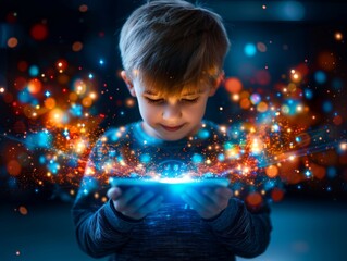 A young boy mesmerized by a glowing tablet screen, surrounded by colorful digital particles in a dark room, symbolizing technology magic.