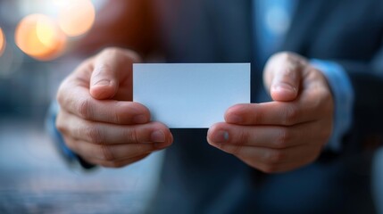 Close-up of a person in a suit holding a blank white business card with a blurred background, perfect for business and corporate themes.