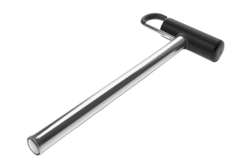 Close-up of a metal reflex hammer with a black handle, commonly used in medical examinations to test reflexes and neurological function.
