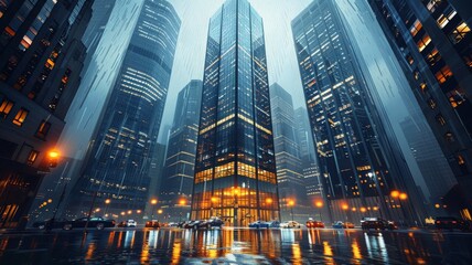 Obraz premium Illuminated Modern Skyscrapers Reflecting on Wet City Streets During a Rainy Night in a Bustling Urban Metropolis with Traffic LightsNight cityscape