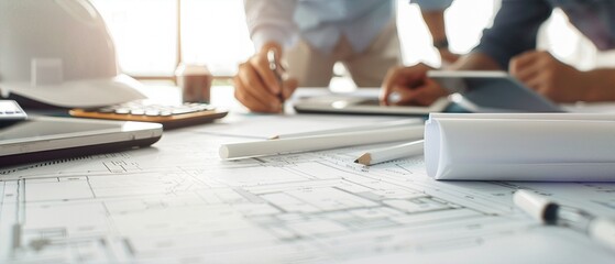 Close-up of blueprints and a construction plan on a desk with people discussing and working in the background. Teamwork and planning theme.