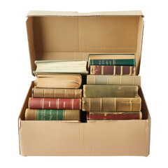 Collection of vintage books in a cardboard box, showcasing an array of old and rare books with worn covers and aged pages.