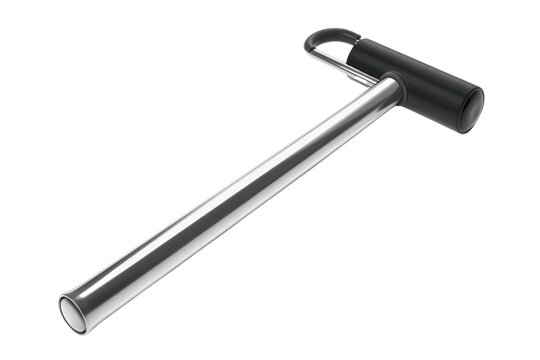 Close-up of a metal reflex hammer with a black handle, commonly used in medical examinations to test reflexes and neurological function.