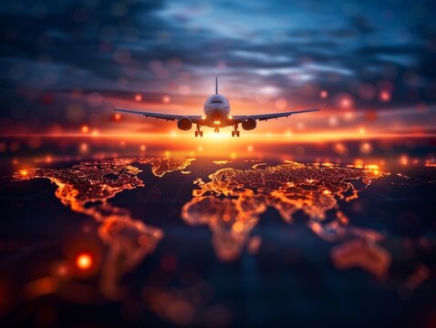 Airplane flying above a glowing world map at sunset, symbolizing global travel and connectivity.