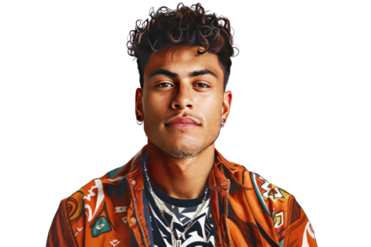 Confident young man with curly hair wearing a stylish jacket, isolated on a white background.