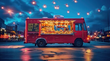 Red Food Truck at Night with String Lights