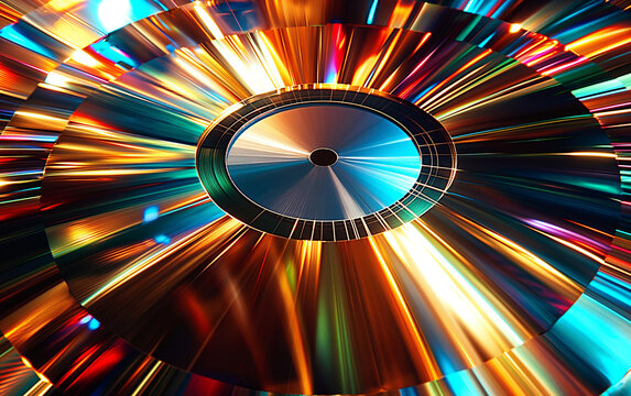 A CD is shown in a colorful, abstract style. The CD is surrounded by a bright, glowing effect that makes it look like it's spinning. Concept of motion and energy