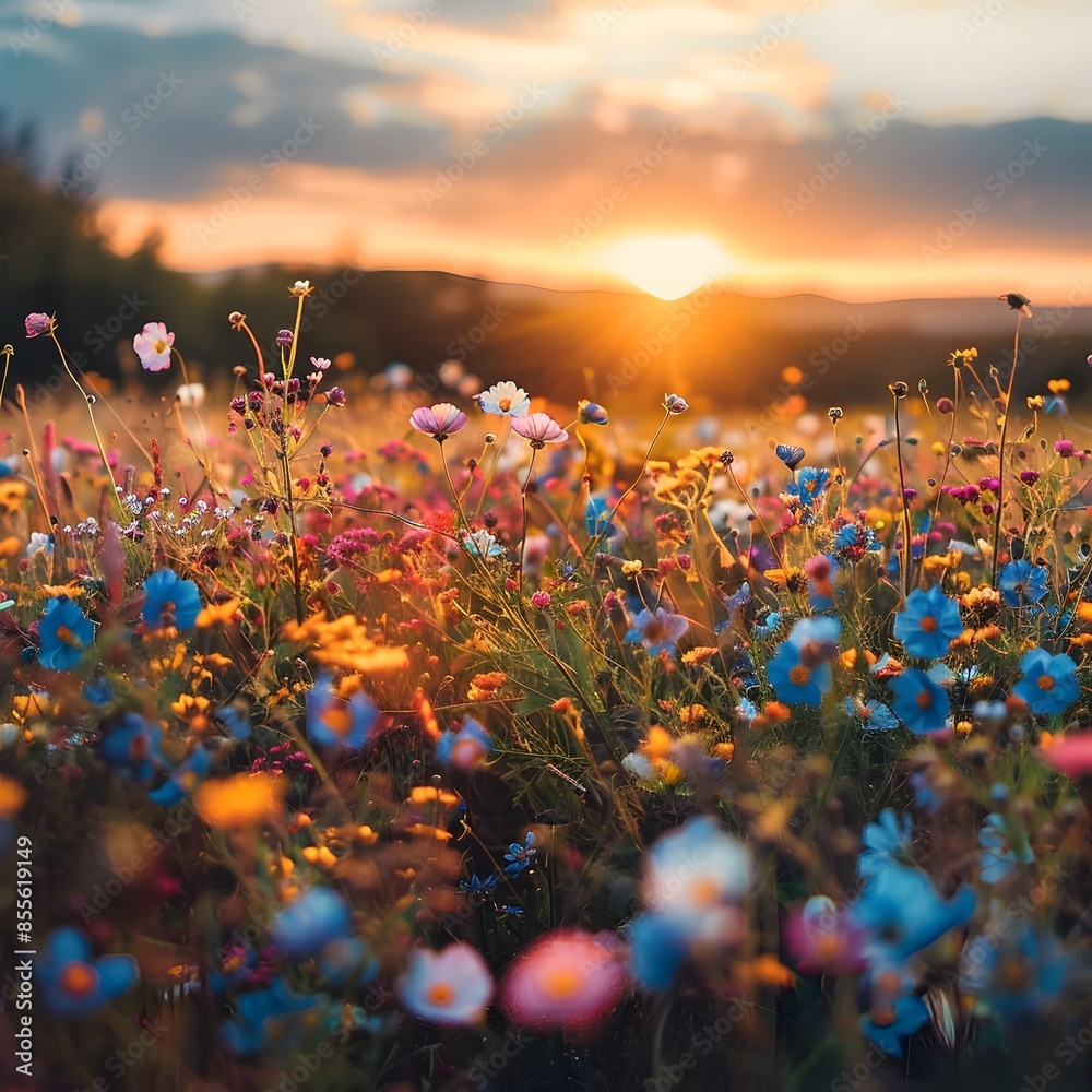 Wall mural Sunrise Illuminating Vibrant Flower Field Symbolizing Fresh Start and New Beginnings