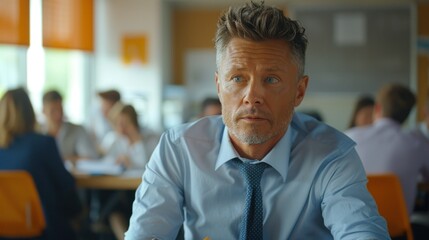 Fototapeta premium A man in a blue shirt and tie sits at a table in a room with other people
