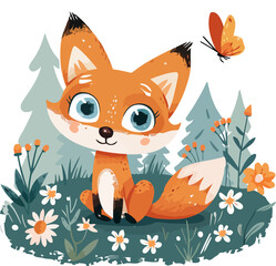 Cute Fox With Big Eyes Sitting On The Grass Vector Design Illustration.