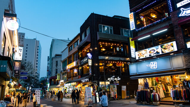 SOUTH KOREA, SEOUL &ndash; April 2024 : view of Myeong-dong area at sundown, Seoul, South Korea