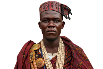 Portrait of a man in traditional attire, representing rich cultural heritage and intricate beadwork, illustrating vibrant cultural expression.