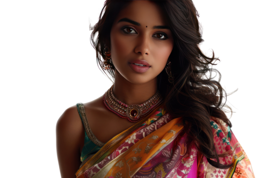 Portrait of a woman in traditional Indian attire with vibrant saree and jewelry, showcasing beauty and cultural heritage.