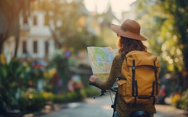 Young international eco-tourist traveling by bicycle looking at map in world-famous tourist attractions .