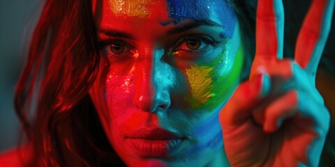 A close-up shot of a person with colorful paint on their face, likely for artistic or festive purposes