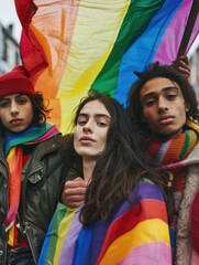 Fototapeta premium People gathered around a colorful rainbow flag, symbolizing unity and diversity