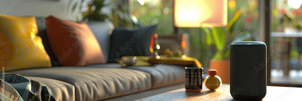 Fototapete a voice assistant device sits on a coffee table in a stylish, modern living room. the device appears