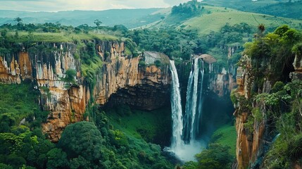 A serene and picturesque scene of a waterfall surrounded by dense foliage in a beautiful valley