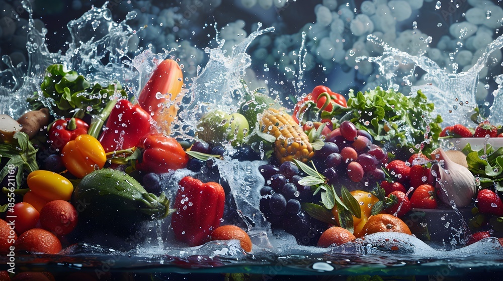 Wall mural Fresh vegetables, fruits and water splashes on panoramic background. 