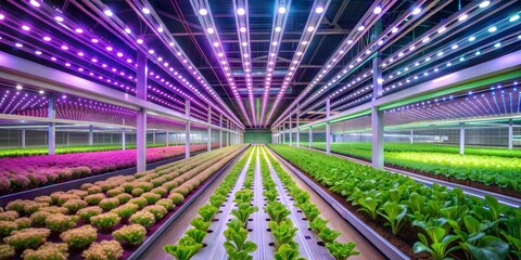 Vibrant leafy greens thrive in a state-of-the-art hydroponic farm, suspended in nutrient-rich mist, illuminated by LED grow lights, amidst a futuristic agricultural landscape.