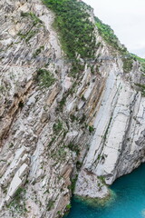 Nokhyo Cave is a man-made underground tunnel that leads to a suspension bridge over the Sulak Canyon, Dagestan, Russia