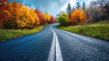 Obraz premium Curving Road Through Autumn Forest