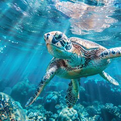 Fototapeta premium turtle swimming underwater photography style Made, turtle drawing
