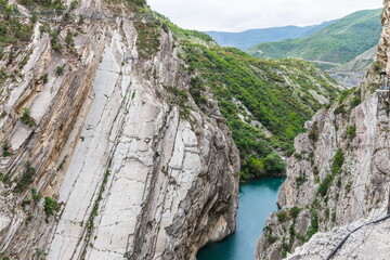 Nokhyo Cave is a man-made underground tunnel that leads to a suspension bridge over the Sulak Canyon, Dagestan, Russia
