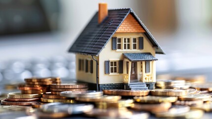 A miniature house model sits atop a stack of coins, symbolizing a thoughtful savings plan and investment strategy in real estate. The image features ample copy space to convey messages related to