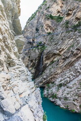Nokhyo Cave is a man-made underground tunnel that leads to a suspension bridge over the Sulak Canyon, Dagestan, Russia