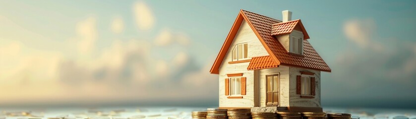 Naklejka premium Positioned against a clean backdrop, a miniature house model rests on a stack of coins, emphasizing a thoughtful approach to savings and investment in the real estate market. The composition includes