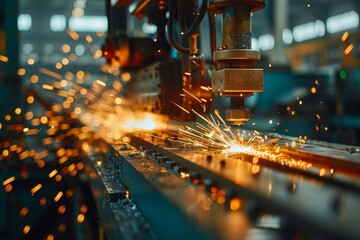 Close-up of industrial machinery cutting metal with sparks flying, showcasing precision engineering and modern manufacturing processes.