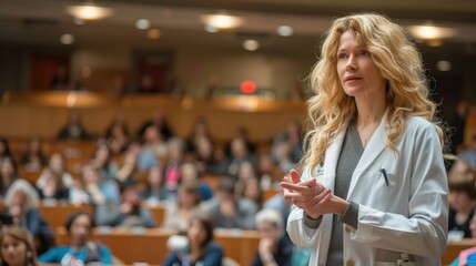 A woman in a white lab coat stands in front of a large audience