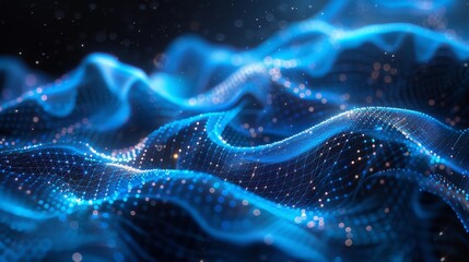 Abstract digital waveform with glowing blue particles and light effects, representing data, technology, and futuristic concepts.