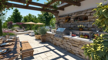 A functional outdoor space with a grill, table, and chairs for casual gatherings