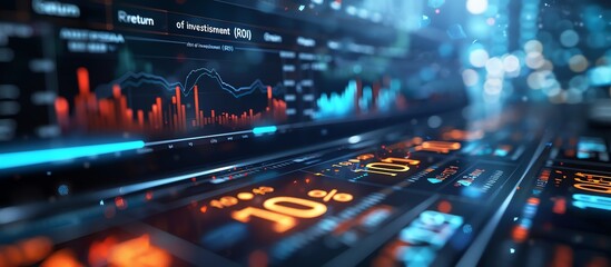 Fototapeta premium wallpaper illustration of investment business background, return on capital, trading, market, online business, digital sales, digital products, with graphic reports on computers, annual report paper