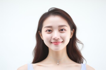 A woman with long brown hair and a shiny necklace, perfect for editorial or advertising use