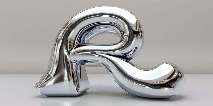A three-dimensional fluid chrome letter in the form of the letter R.