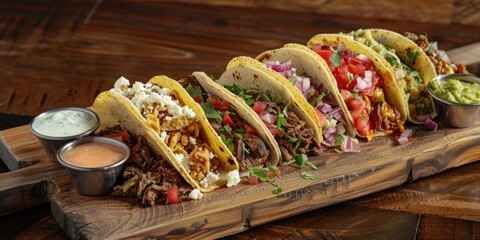 Fresh tacos on a wooden cutting board, perfect for outdoor gatherings or food photography