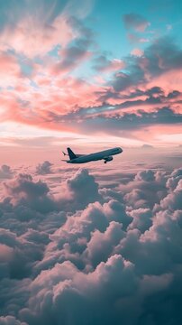 Commercial airplane flying above dramatic clouds during sunset.