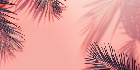 Fototapeta premium Tropical palm leaf on a pink background. Flat lay, top view trendy wallpaper banner with copyspace