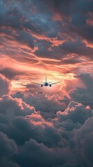 Commercial airplane flying above dramatic clouds during sunset.