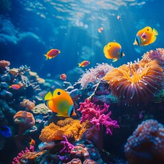 Fototapeta premium Vibrant Coral Reef Ecosystem with Tropical Fish Swimming in the Ocean