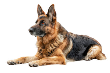 A majestic German Shepherd dog lies down with a relaxed yet alert posture, showcasing its striking fur and attentive expression.