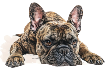 Adorable brindle French Bulldog lying down, looking at the camera with a relaxed expression on a white background