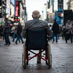 Obraz premium Lonely figure: Elderly man waering a gray jacket, on a busy city street, a gray-haired man, gazing at the street