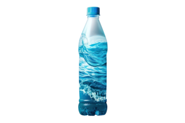 Clear plastic water bottle filled with refreshing, clean water. The blue label features imagery of waves, emphasizing purity and hydration.