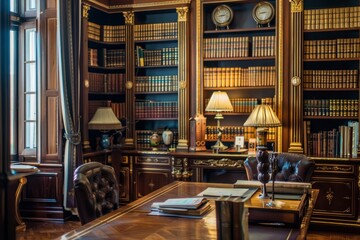 Professional Photography of a classic themed office with a vintage filing cabinet and classic office chairs, Generative AI 