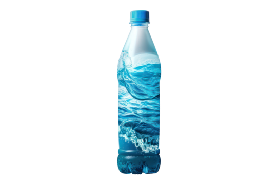 Clear plastic water bottle filled with refreshing, clean water. The blue label features imagery of waves, emphasizing purity and hydration.